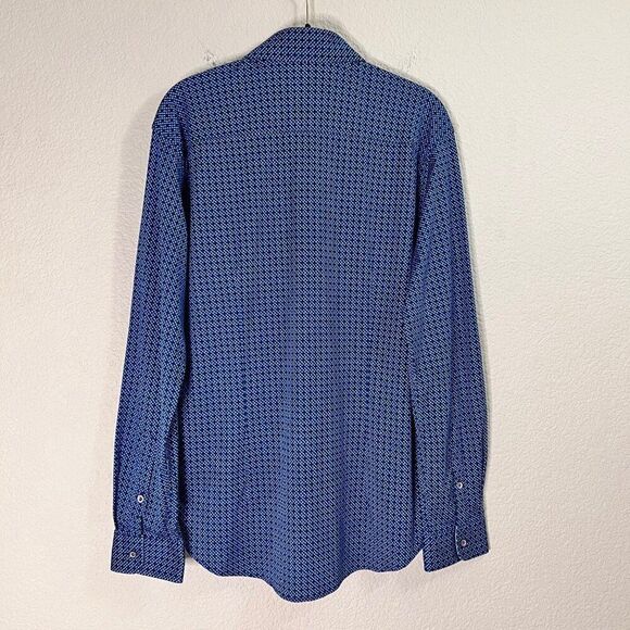 Butter Cloth Size L Blue Geometric Flip Cuff Preppy Office Button Dress Shirt - Picture 6 of 10